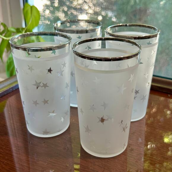 Vintage Frosted Star Silver Banded Glass Drinking Tumblers set of 4 - Picture 8 of 12